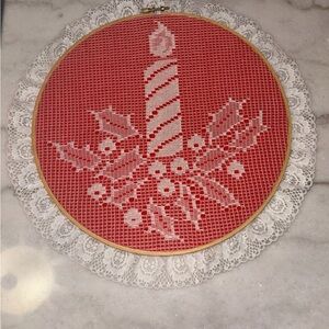 Red and White Lace Embroidered Candle Decor Holiday Vintage